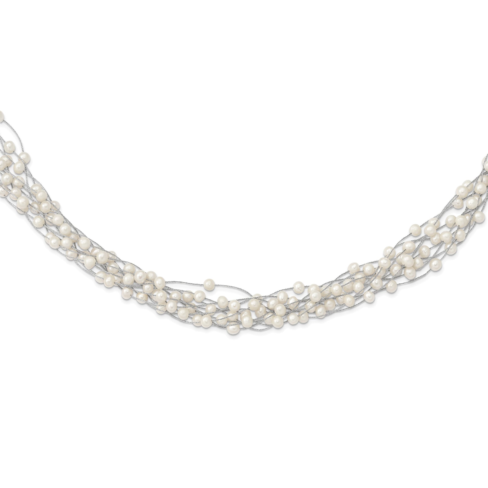 Sterling Silver Rhodium-plated 6-8mm White Semi-Round Freshwater Cultured Pearl Multi Strand 15 inch Necklace