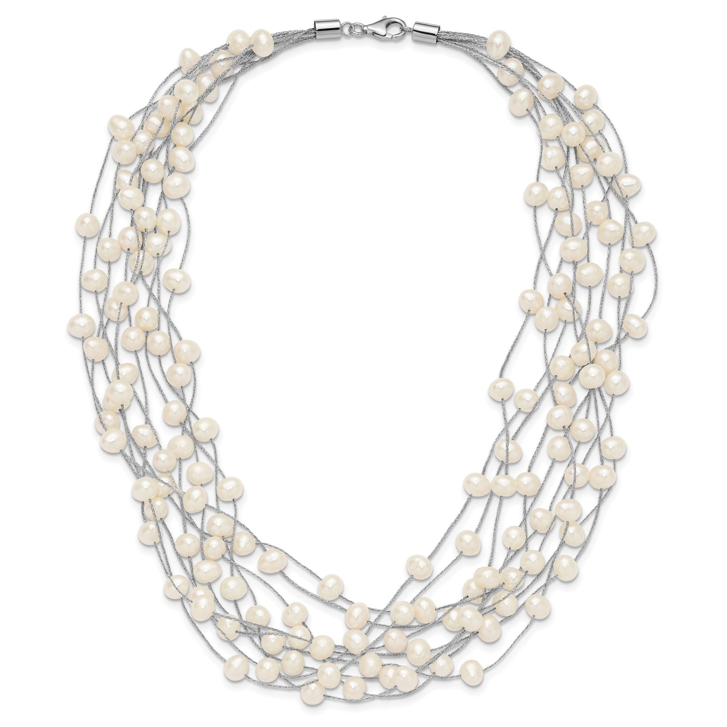 Sterling Silver Rhodium-plated 6-8mm White Semi-Round Freshwater Cultured Pearl Multi Strand 15 inch Necklace