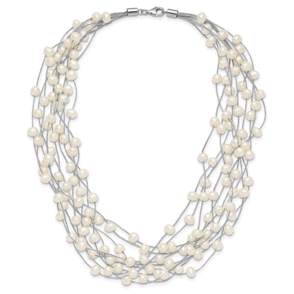 Sterling Silver Rhodium-plated 6-8mm White Semi-Round Freshwater Cultured Pearl Multi Strand 15 inch Necklace
