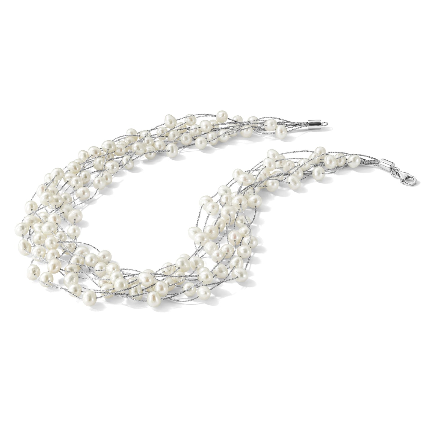 Sterling Silver Rhodium-plated 6-8mm White Semi-Round Freshwater Cultured Pearl Multi Strand 15 inch Necklace