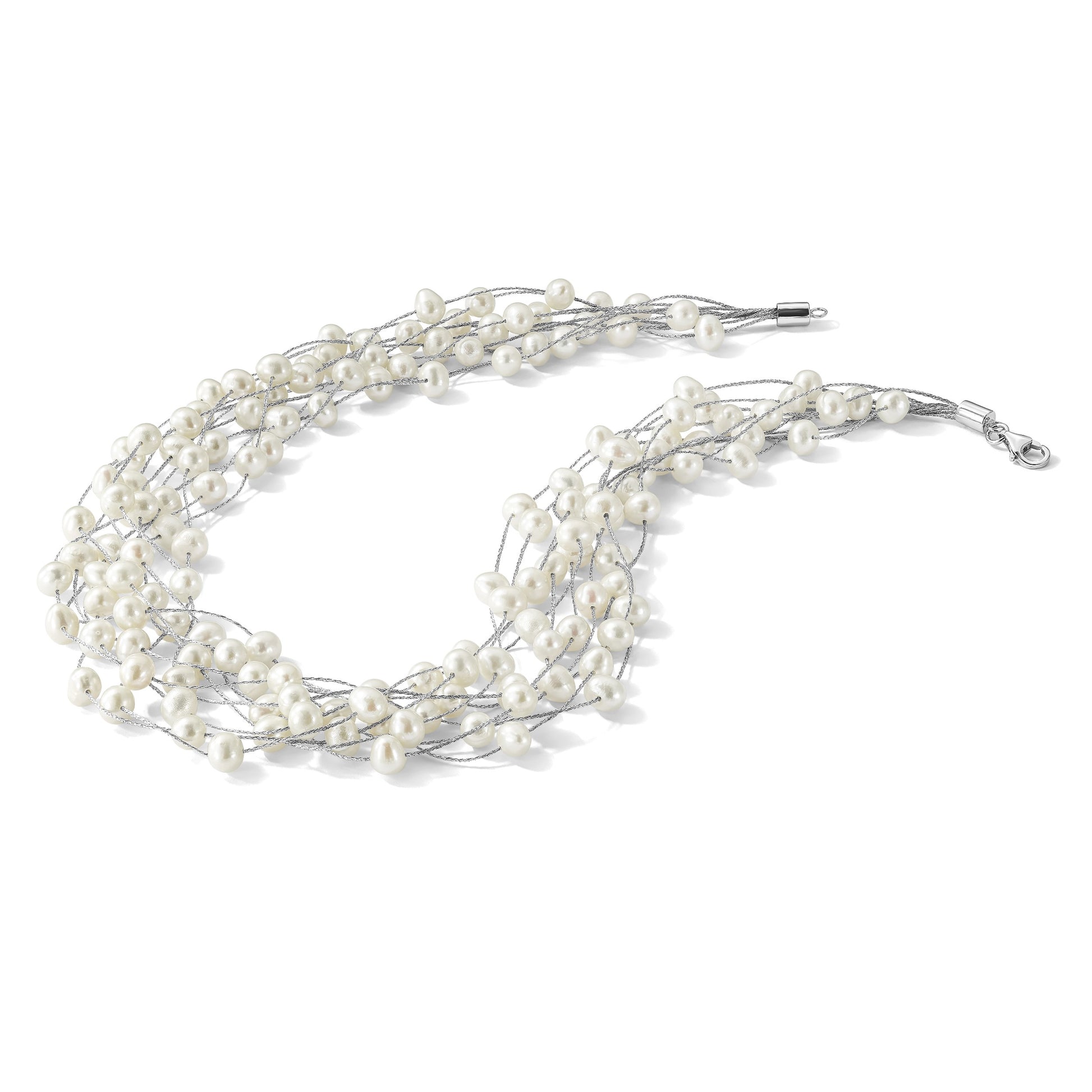 Sterling Silver Rhodium-plated 6-8mm White Semi-Round Freshwater Cultured Pearl Multi Strand 15 inch Necklace