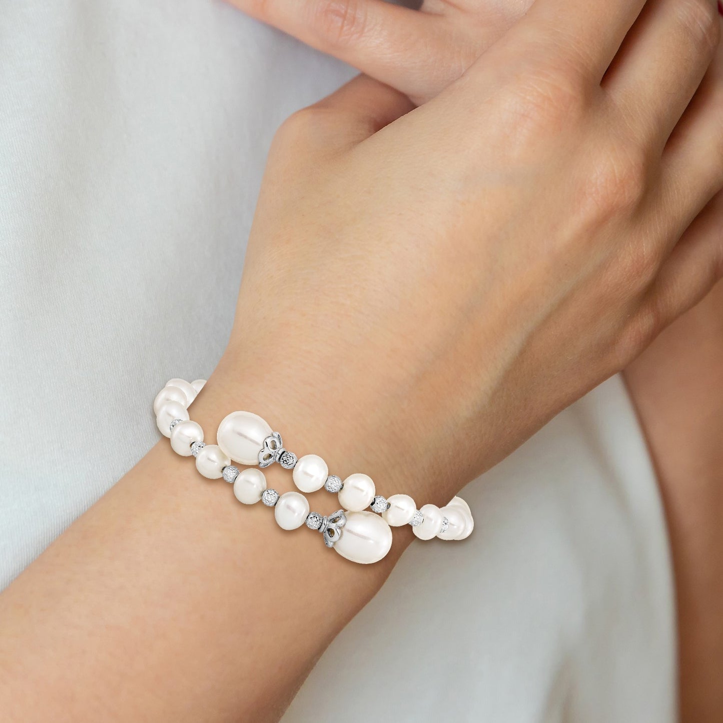 Sterling Silver Rhodium-plated 6-9mm White Teardrop and Near-Round Freshwater Cultured Pearl with Diamond-cut Beaded Wrap Flexible Bangle
