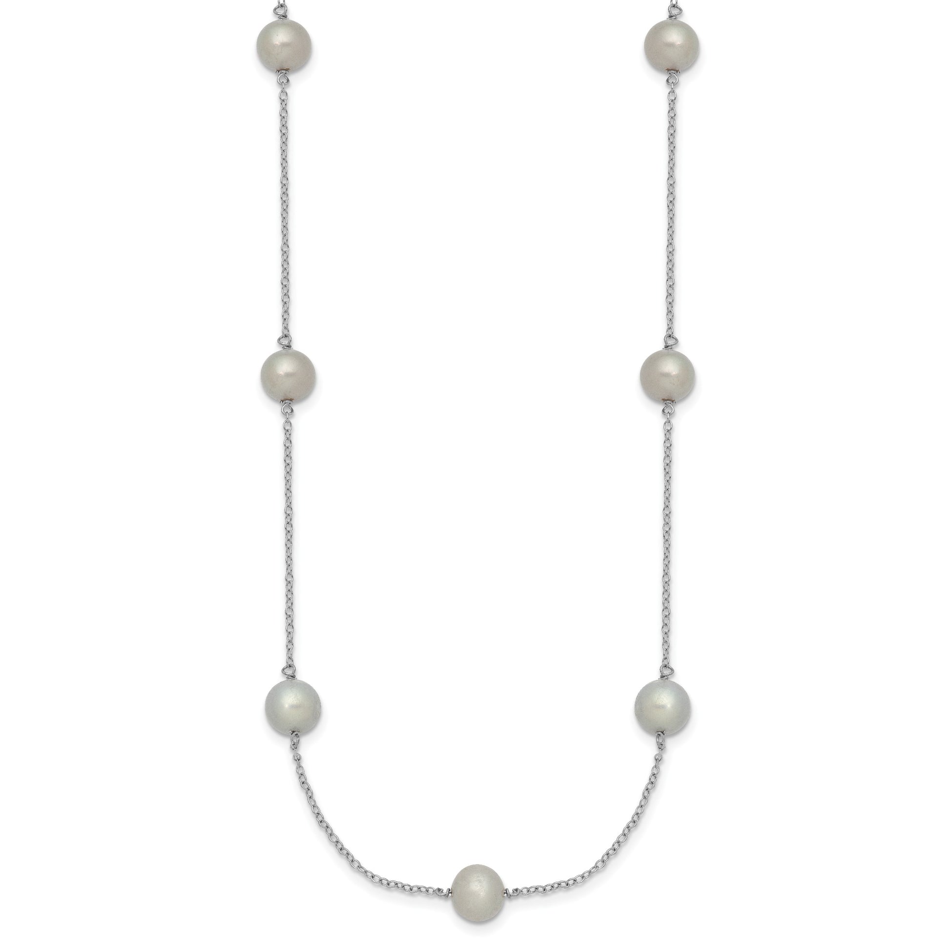 Sterling Silver Rhodium-plated 7-8mm Grey Semi-Round Freshwater Cultured Pearl 9-Station 18 inch Necklace
