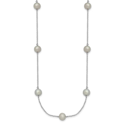 Sterling Silver Rhodium-plated 7-8mm Grey Semi-Round Freshwater Cultured Pearl 9-Station 18 inch Necklace