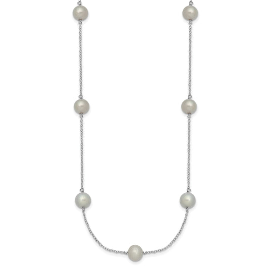 Sterling Silver Rhodium-plated 7-8mm Grey Semi-Round Freshwater Cultured Pearl 9-Station 18 inch Necklace