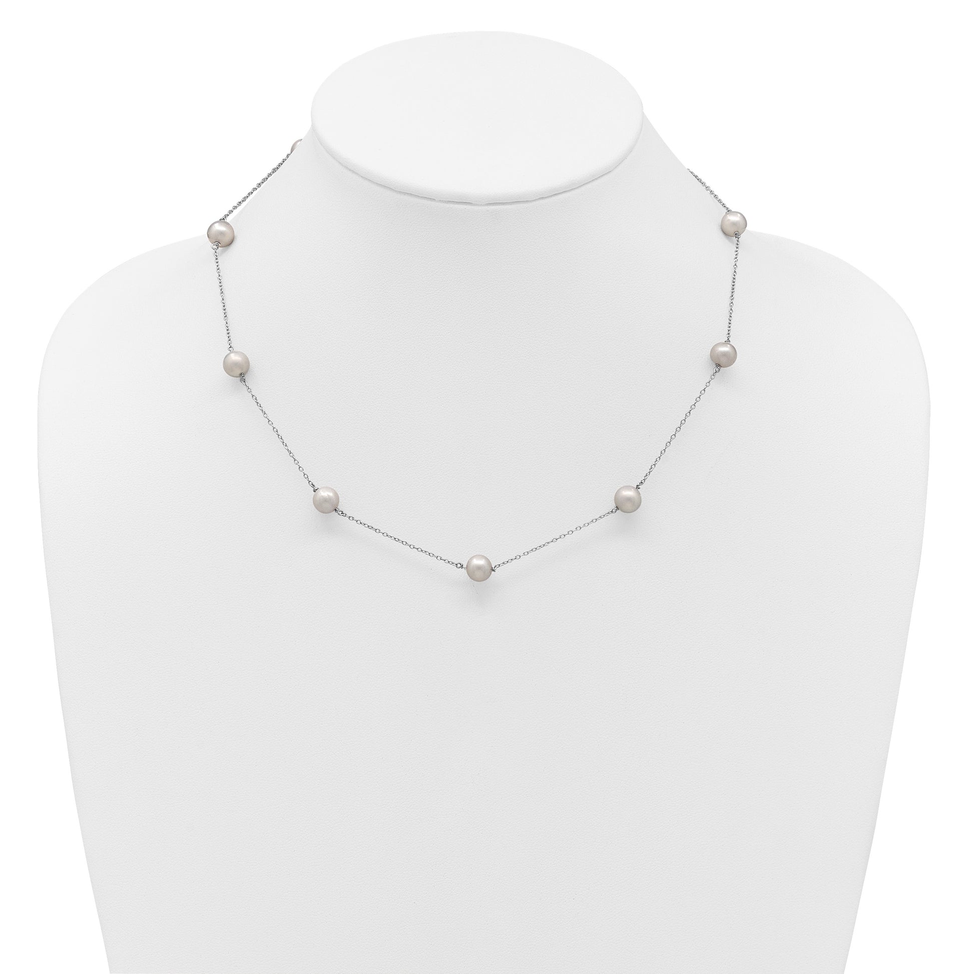 Sterling Silver Rhodium-plated 7-8mm Grey Semi-Round Freshwater Cultured Pearl 9-Station 18 inch Necklace