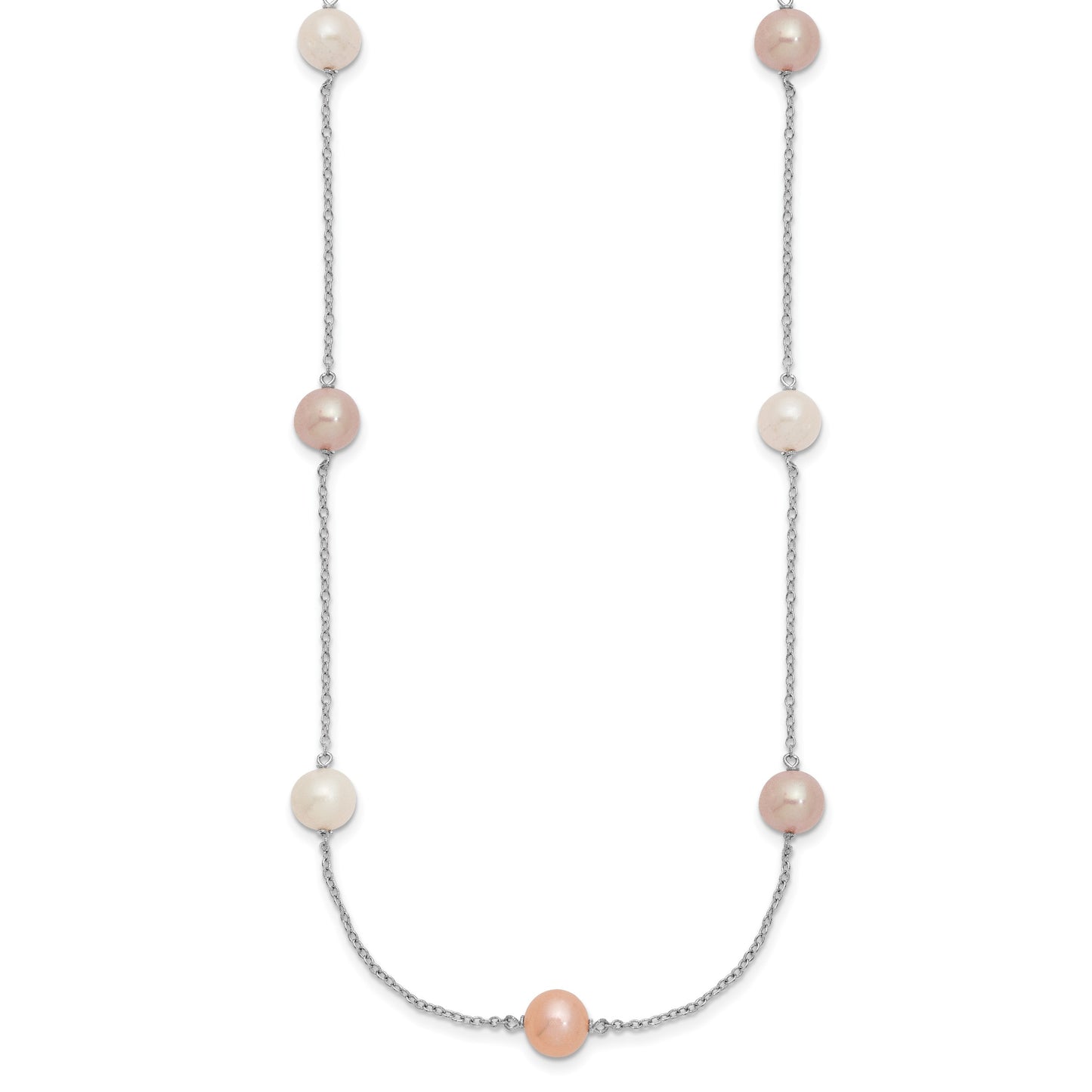 Sterling Silver Rhodium-plated 7-8mm White, Pink and Purple Near-Round Freshwater Cultured Pearl 9-Station 18 inch Necklace
