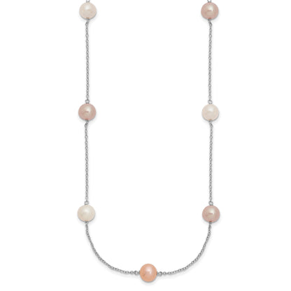 Sterling Silver Rhodium-plated 7-8mm White, Pink and Purple Near-Round Freshwater Cultured Pearl 9-Station 18 inch Necklace