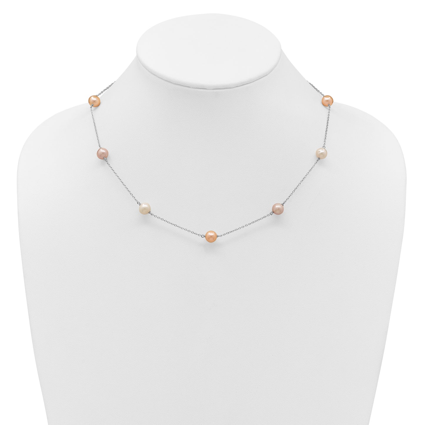 Sterling Silver Rhodium-plated 7-8mm White, Pink and Purple Near-Round Freshwater Cultured Pearl 9-Station 18 inch Necklace