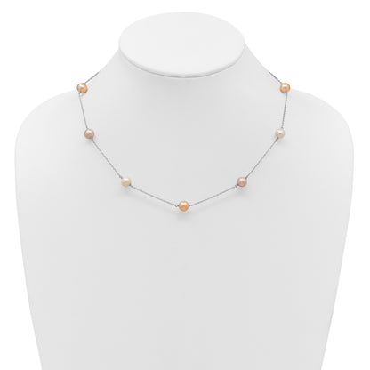 Sterling Silver Rhodium-plated 7-8mm White, Pink and Purple Near-Round Freshwater Cultured Pearl 9-Station 18 inch Necklace