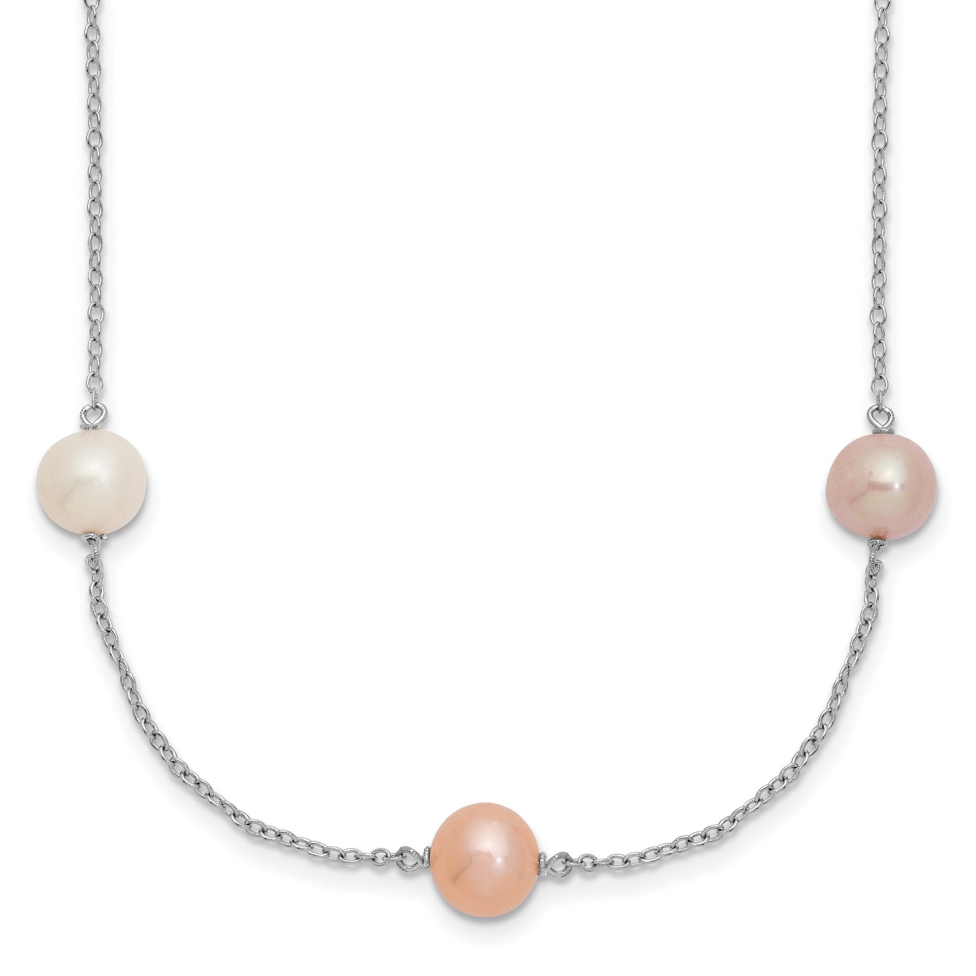 Sterling Silver Rhodium-plated 7-8mm White, Pink and Purple Near-Round Freshwater Cultured Pearl 9-Station 18 inch Necklace