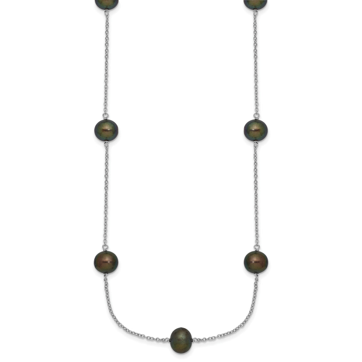 Sterling Silver Rhodium-plated 7-8mm Black Semi-Round Freshwater Cultured Pearl 9-Station 18 inch Necklace