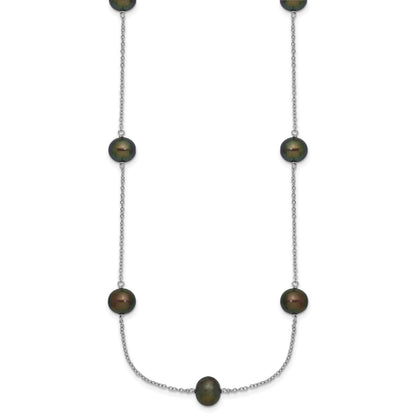 Sterling Silver Rhodium-plated 7-8mm Black Semi-Round Freshwater Cultured Pearl 9-Station 18 inch Necklace