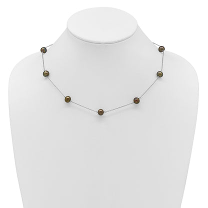 Sterling Silver Rhodium-plated 7-8mm Black Semi-Round Freshwater Cultured Pearl 9-Station 18 inch Necklace