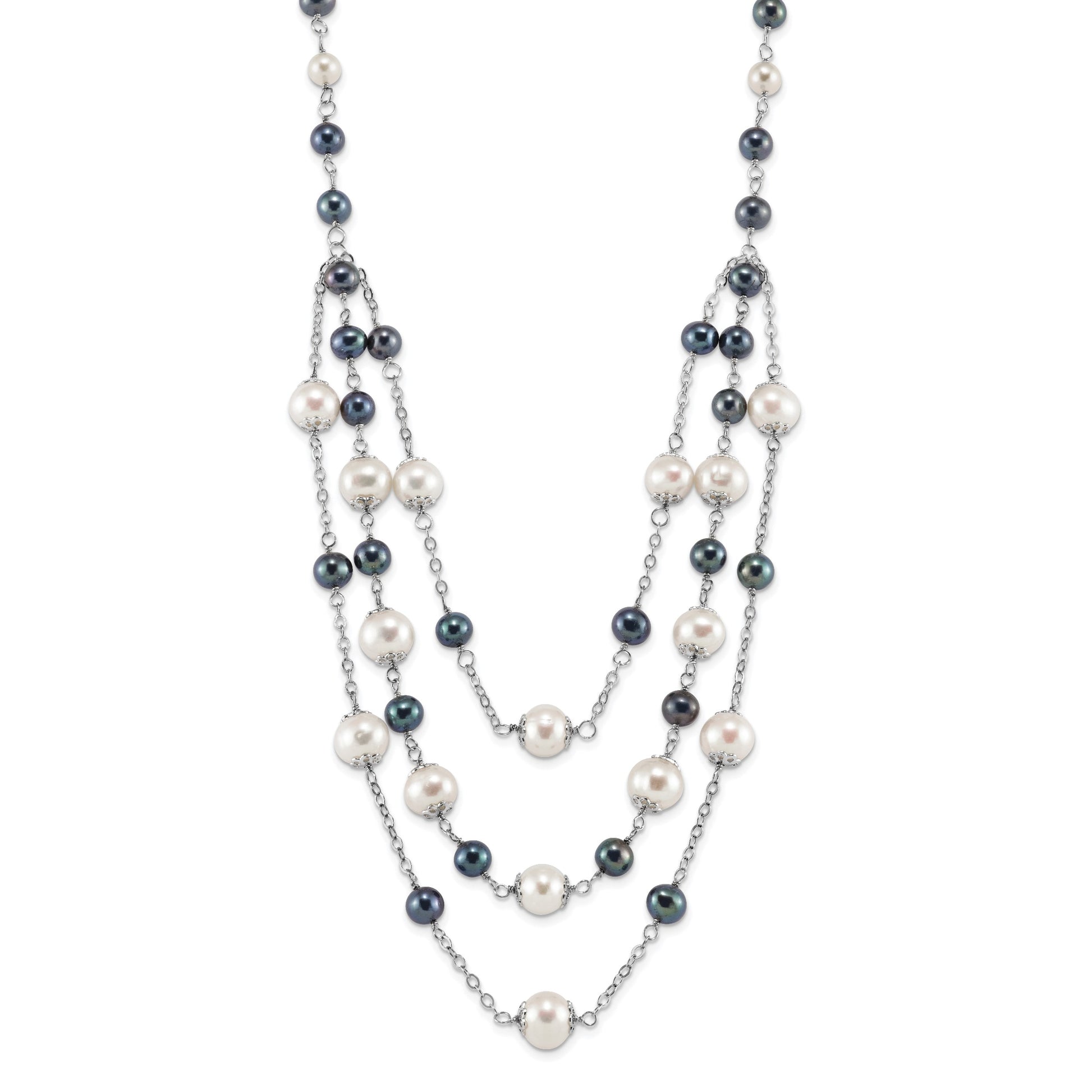 Sterling Silver Rhodium-plated 6-10mm White and Black Freshwater Cultured Pearl Layered 17 inch with 2 inch Extension Necklace