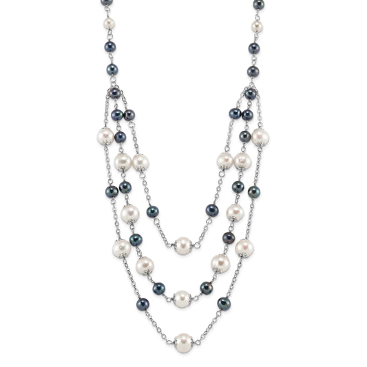 Sterling Silver Rhodium-plated 6-10mm White and Black Freshwater Cultured Pearl Layered 17 inch with 2 inch Extension Necklace