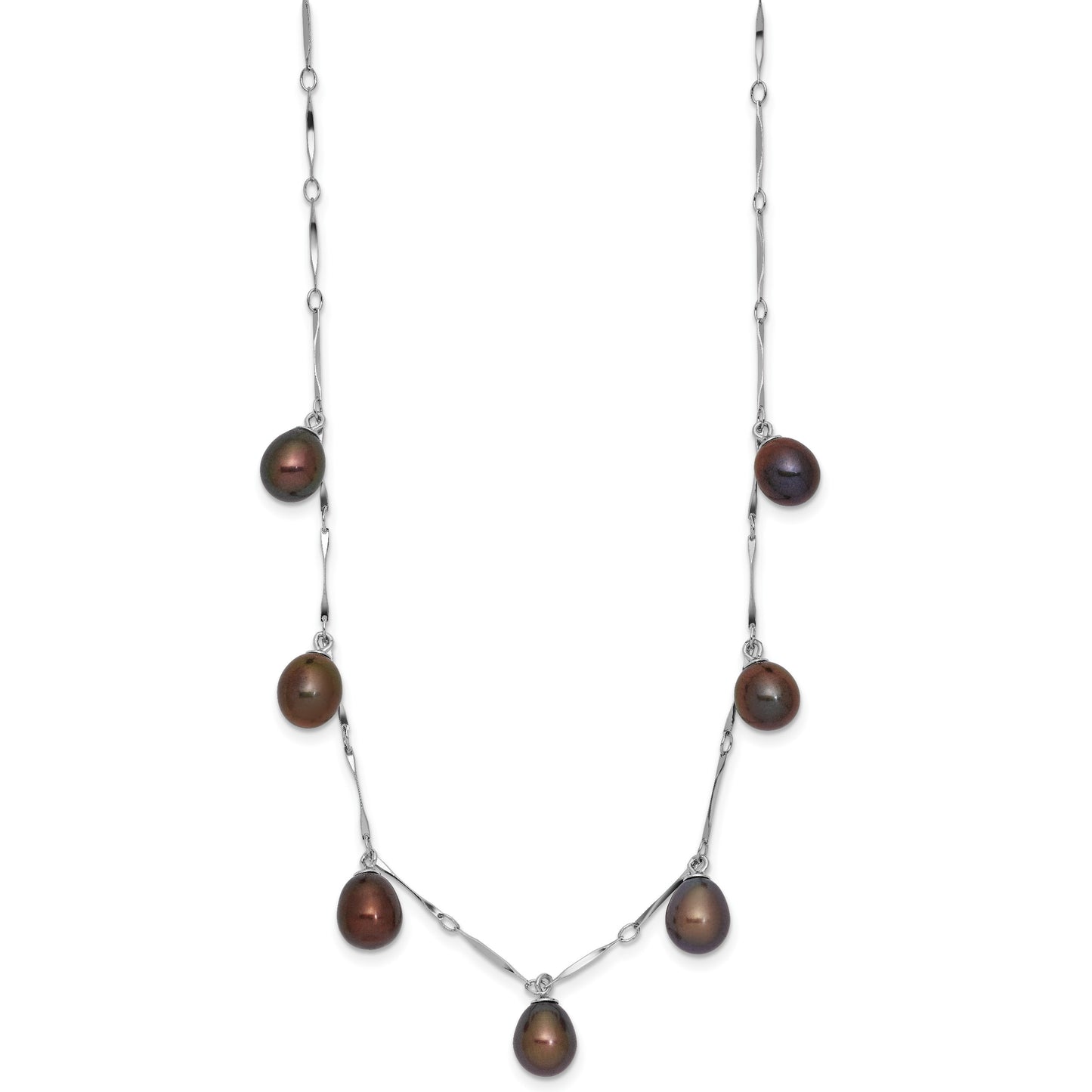 Sterling Silver Rhodium-plated 7-8mm Black Teardrop Freshwater Cultured Pearl Dangle 7-Station 17.5 inch Necklace