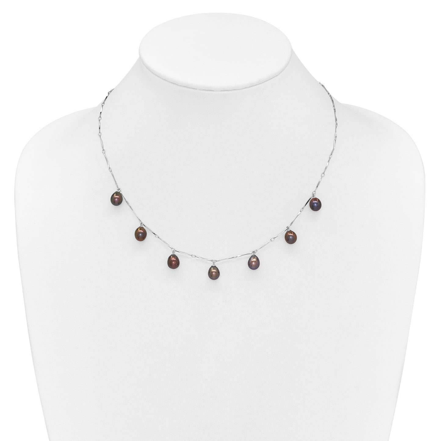 Sterling Silver Rhodium-plated 7-8mm Black Teardrop Freshwater Cultured Pearl Dangle 7-Station 17.5 inch Necklace