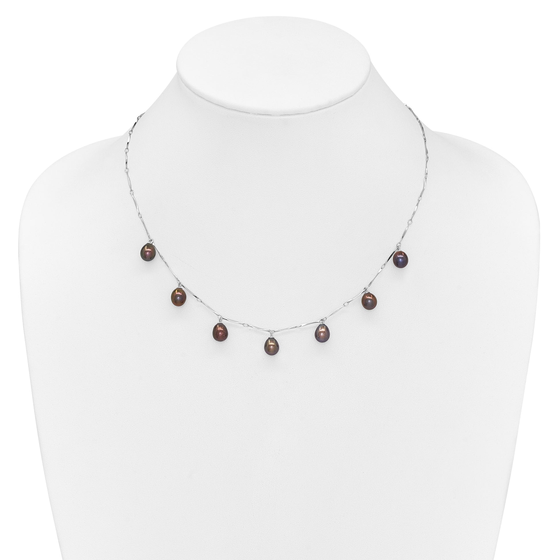 Sterling Silver Rhodium-plated 7-8mm Black Teardrop Freshwater Cultured Pearl Dangle 7-Station 17.5 inch Necklace