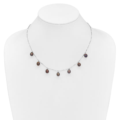 Sterling Silver Rhodium-plated 7-8mm Black Teardrop Freshwater Cultured Pearl Dangle 7-Station 17.5 inch Necklace