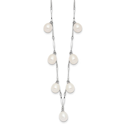 Sterling Silver Rhodium-plated 7-8mm White Teardrop Freshwater Cultured Pearl 7-Station 17.5 inch Necklace