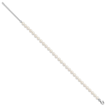 Sterling Silver Rhodium-plated 6-7mm White Near-Round Freshwater Cultured Pearl 8.5 inch with 2 inch Extension Anklet