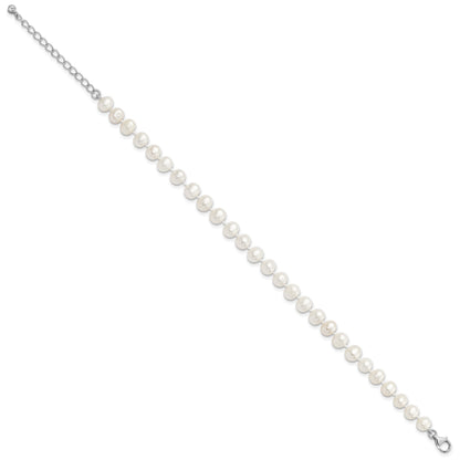 Sterling Silver Rhodium-plated 7-8mm White Near-Round Freshwater Cultured Pearl and CZ 8.5 with 2 inch Extension Anklet