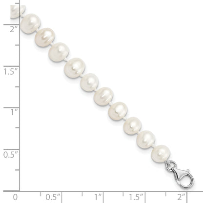 Sterling Silver Rhodium-plated 7-8mm White Near-Round Freshwater Cultured Pearl and CZ 8.5 with 2 inch Extension Anklet