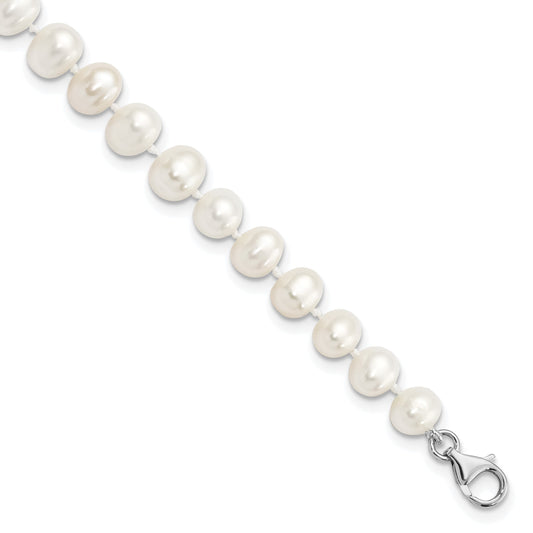 Sterling Silver Rhodium-plated 7-8mm White Near-Round Freshwater Cultured Pearl and CZ 8.5 with 2 inch Extension Anklet