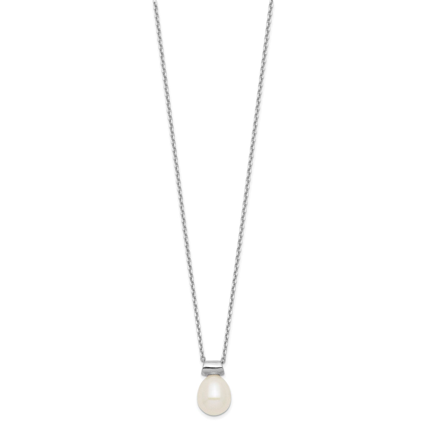 Sterling Silver Rhodium-plated 7-7.5mm White Rice Freshwater Cultured Pearl 16 inch with 1.5 inch Extension Necklace