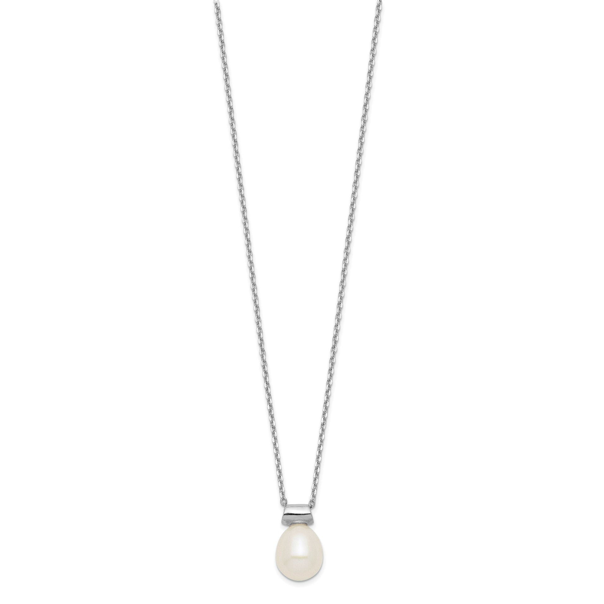 Sterling Silver Rhodium-plated 7-7.5mm White Rice Freshwater Cultured Pearl 16 inch with 1.5 inch Extension Necklace