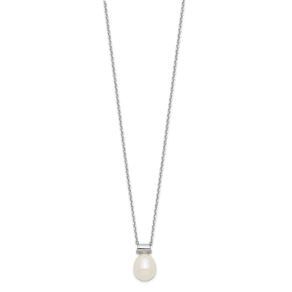 Sterling Silver Rhodium-plated 7-7.5mm White Rice Freshwater Cultured Pearl 16 inch with 1.5 inch Extension Necklace