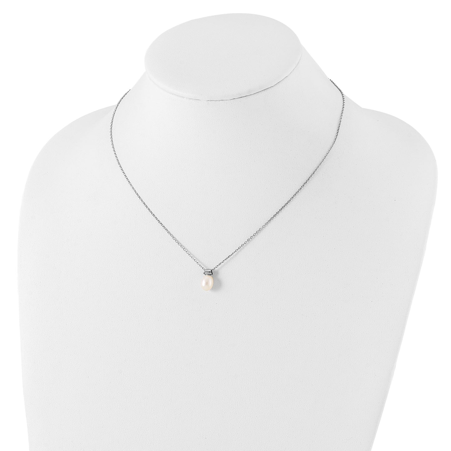 Sterling Silver Rhodium-plated 7-7.5mm White Rice Freshwater Cultured Pearl 16 inch with 1.5 inch Extension Necklace