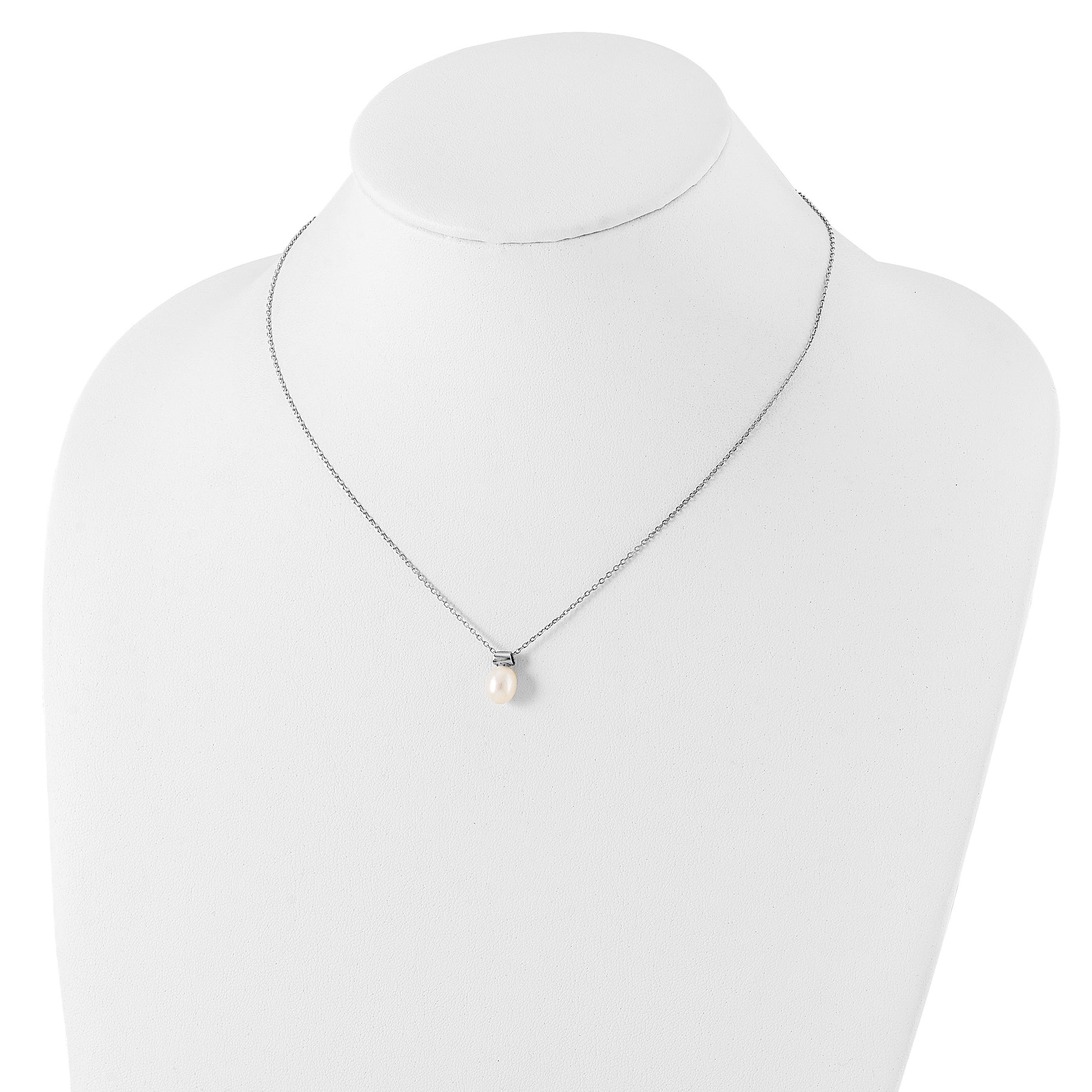 Sterling Silver Rhodium-plated 7-7.5mm White Rice Freshwater Cultured Pearl 16 inch with 1.5 inch Extension Necklace