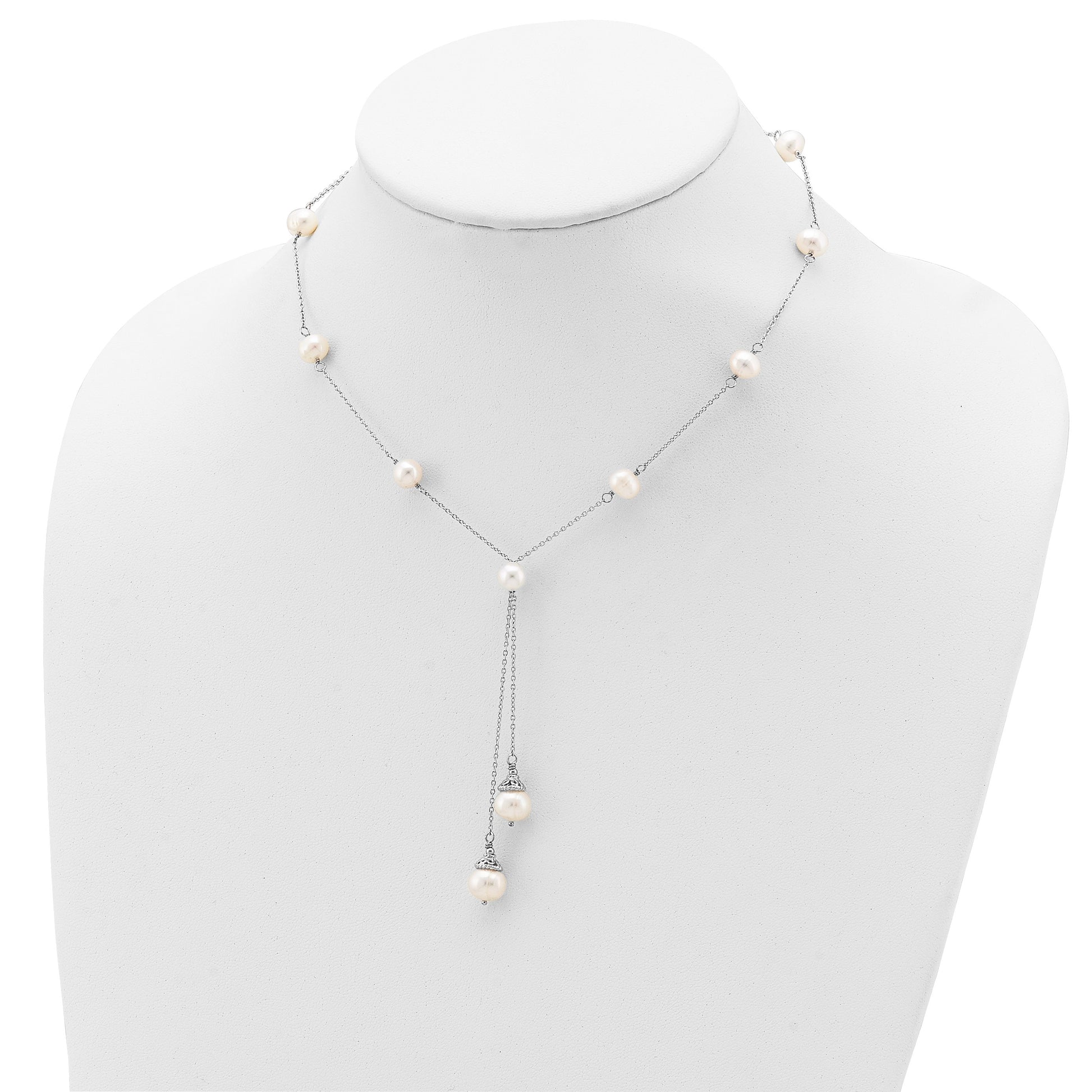 Sterling Silver Rhodium-plated 6-9mm White Teardrop and Semi-Round Freshwater Cultured Pearl 9-Station 2 drop 16 inch with 2 inch Extension Necklace