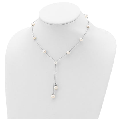 Sterling Silver Rhodium-plated 6-9mm White Teardrop and Semi-Round Freshwater Cultured Pearl 9-Station 2 drop 16 inch with 2 inch Extension Necklace