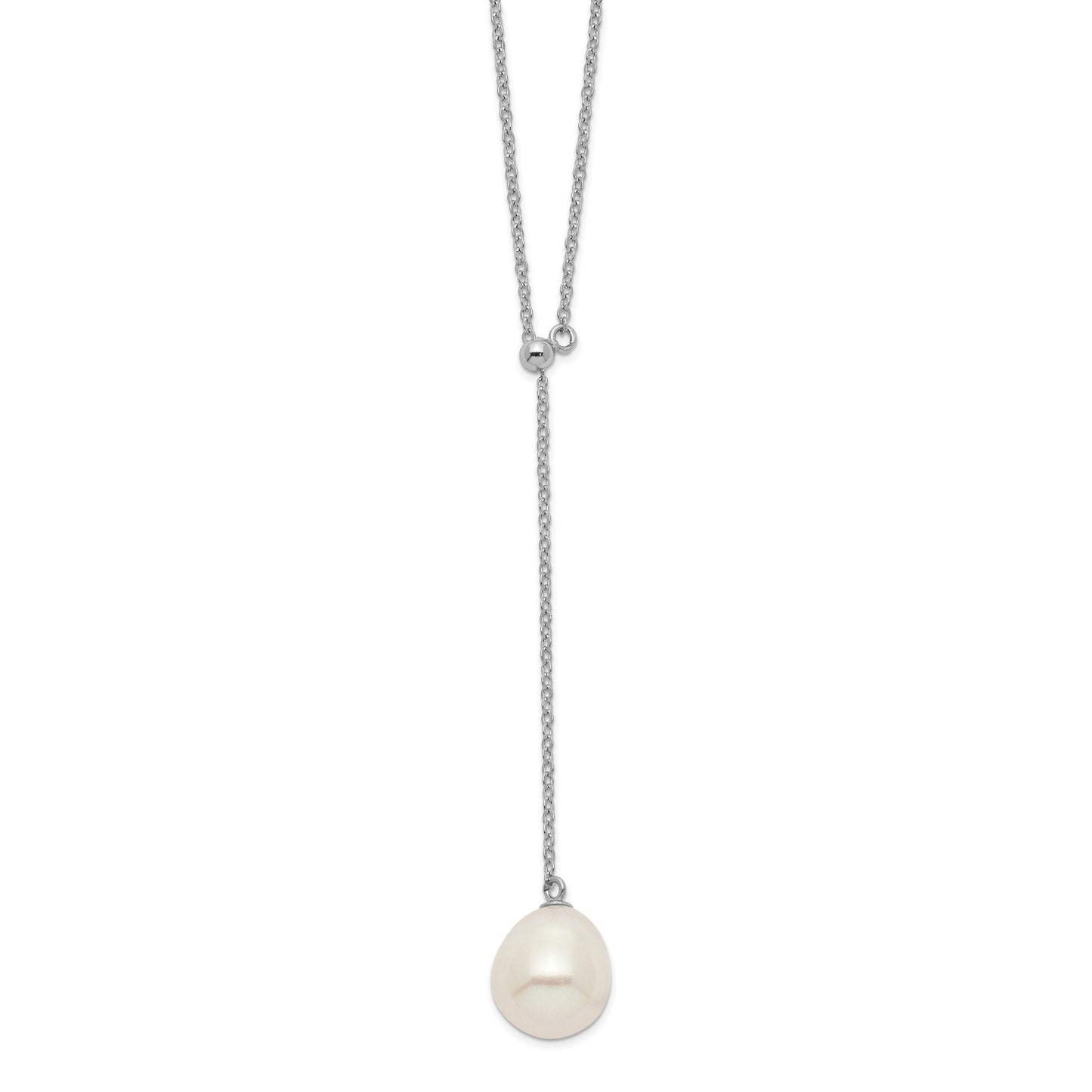 Sterling Silver Rhodium-plated 10-11mm White Rice Freshwater Cultured Pearl Drop 16.5 inch Necklace