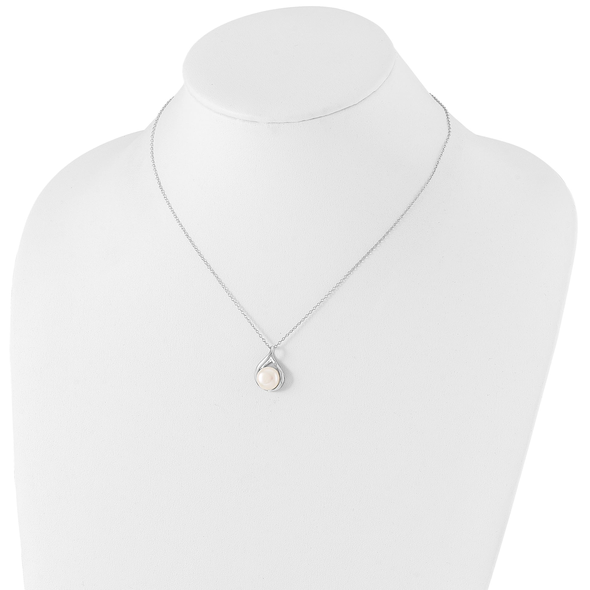 Sterling Silver Rhodium-plated 9-10mm White Button Freshwater Cultured Pearl 17 inch Necklace