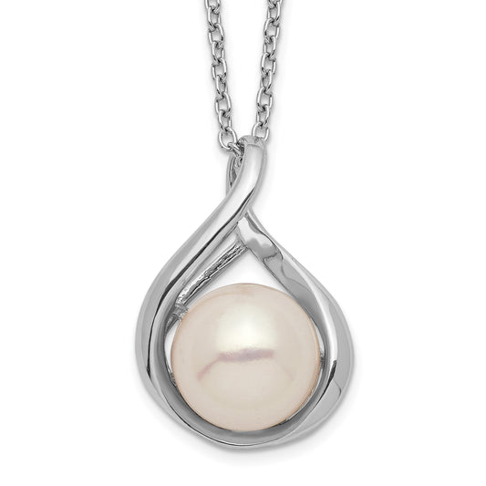 Sterling Silver Rhodium-plated 9-10mm White Button Freshwater Cultured Pearl 17 inch Necklace