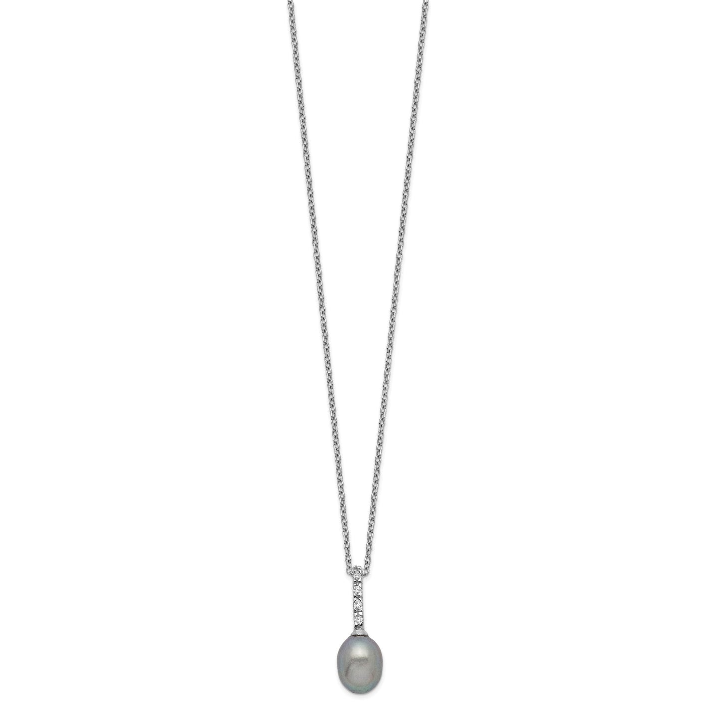 Sterling Silver Rhodium-plated 7-8mm Grey Teardrop Freshwater Cultured Pearl and CZ 17 inch Necklace