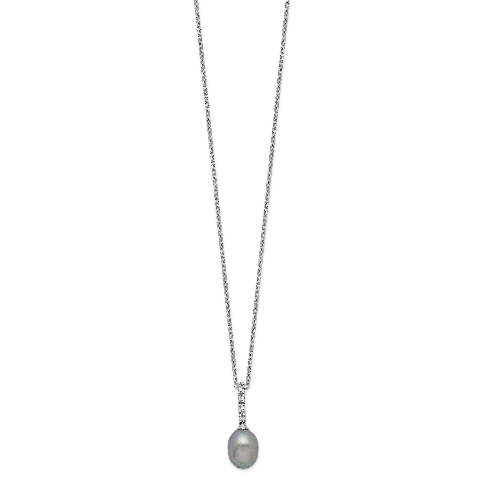 Sterling Silver Rhodium-plated 7-8mm Grey Teardrop Freshwater Cultured Pearl and CZ 17 inch Necklace