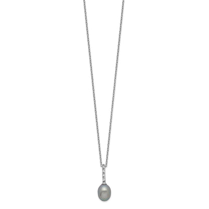 Sterling Silver Rhodium-plated 7-8mm Grey Teardrop Freshwater Cultured Pearl and CZ 17 inch Necklace