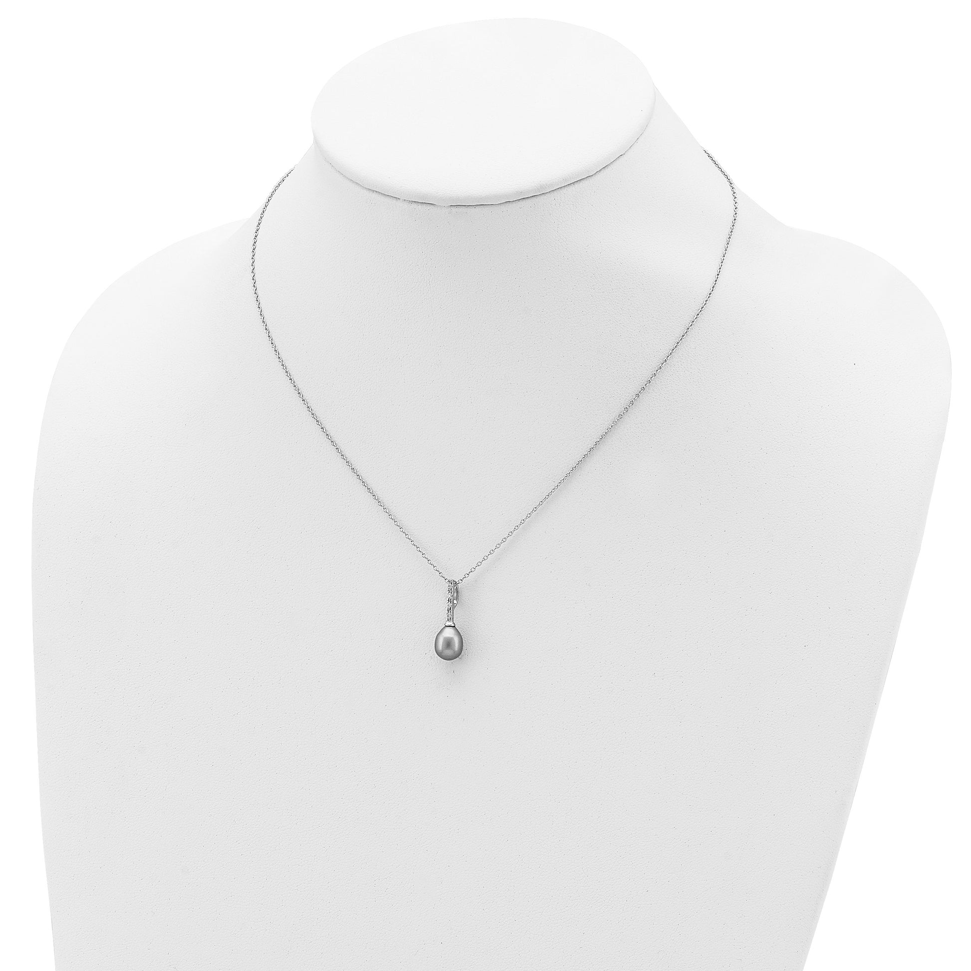 Sterling Silver Rhodium-plated 7-8mm Grey Teardrop Freshwater Cultured Pearl and CZ 17 inch Necklace