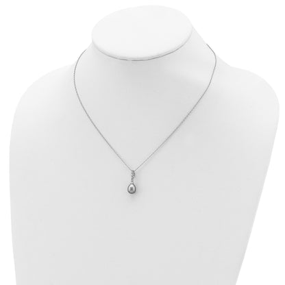 Sterling Silver Rhodium-plated 7-8mm Grey Teardrop Freshwater Cultured Pearl and CZ 17 inch Necklace