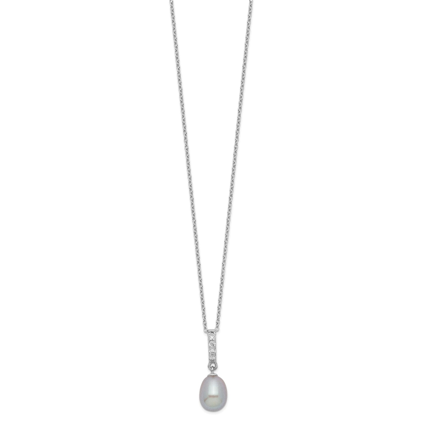 Sterling Silver Rhodium-plated 8-9mm Grey Teardrop Freshwater Cultured Pearl and CZ 17 inch Necklace