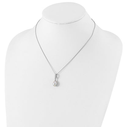 Sterling Silver Rhodium-plated 8-9mm Grey Teardrop Freshwater Cultured Pearl and CZ 17 inch Necklace
