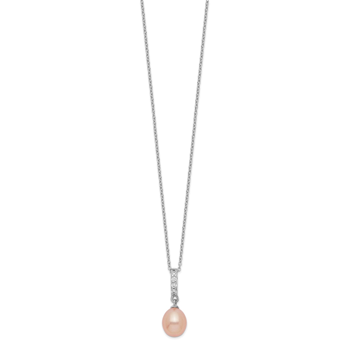 Sterling Silver Rhodium-plated 8-9mm Pink Teardrop Freshwater Cultured Pearl and CZ 17 inch Necklace