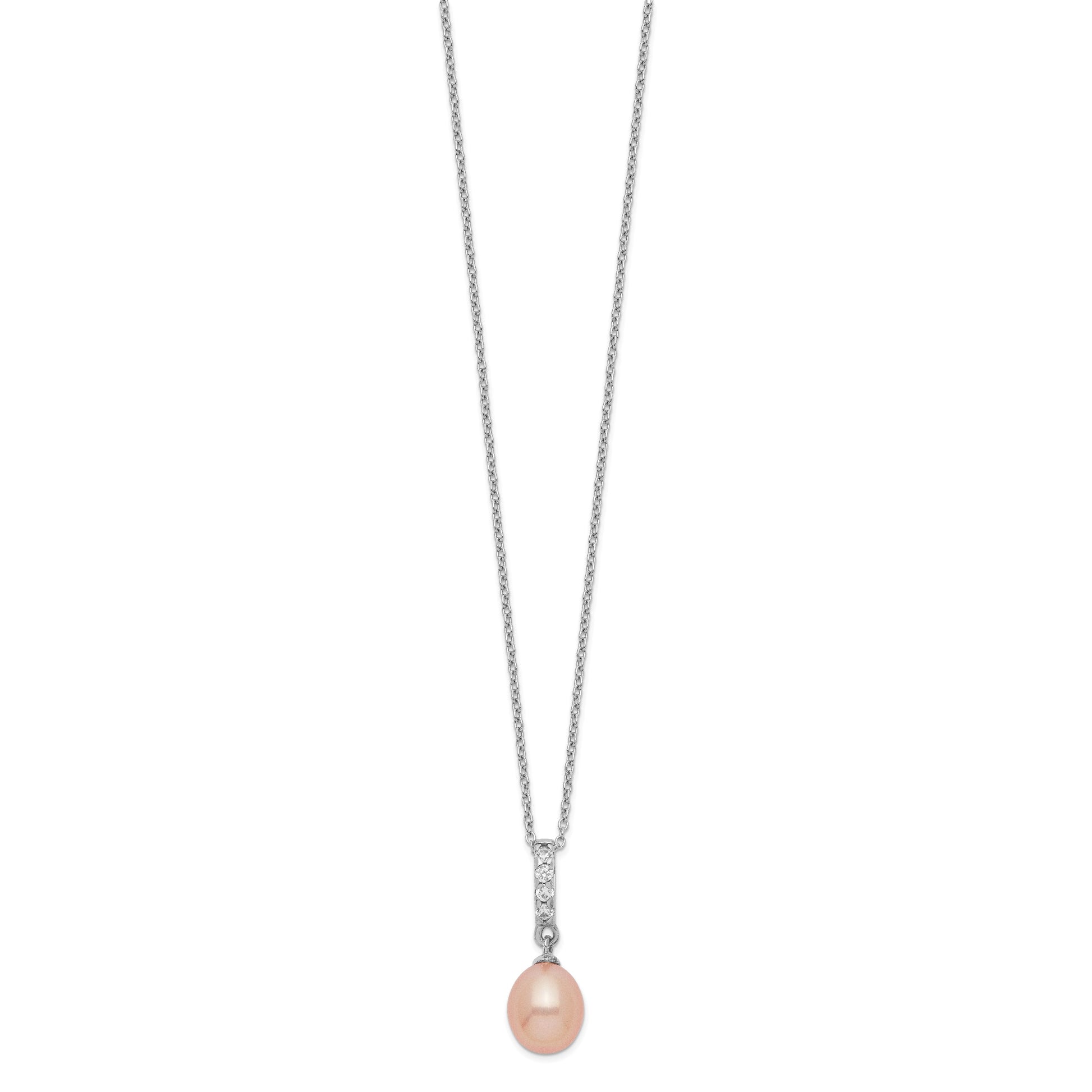 Sterling Silver Rhodium-plated 8-9mm Pink Teardrop Freshwater Cultured Pearl and CZ 17 inch Necklace