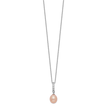 Sterling Silver Rhodium-plated 8-9mm Pink Teardrop Freshwater Cultured Pearl and CZ 17 inch Necklace