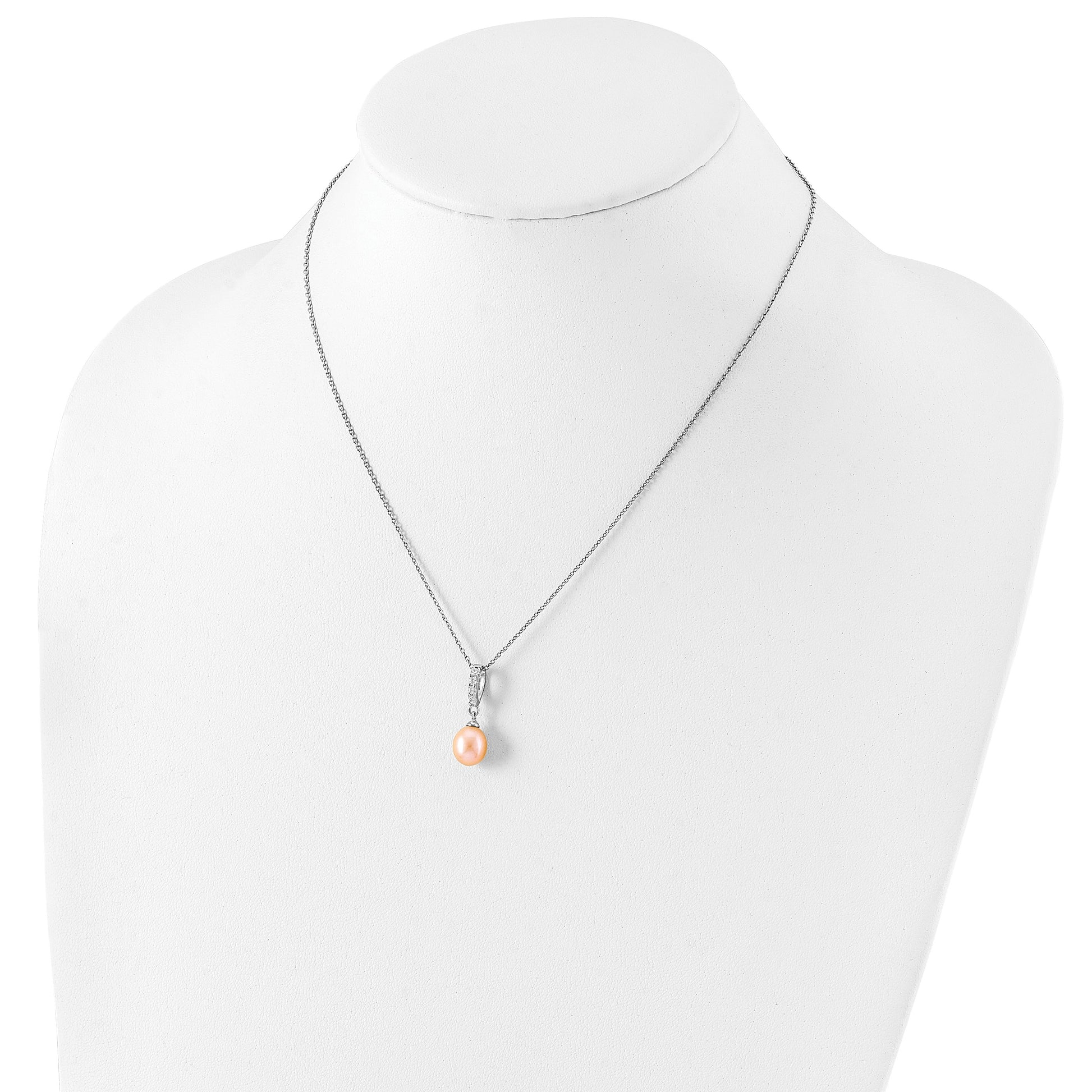 Sterling Silver Rhodium-plated 8-9mm Pink Teardrop Freshwater Cultured Pearl and CZ 17 inch Necklace